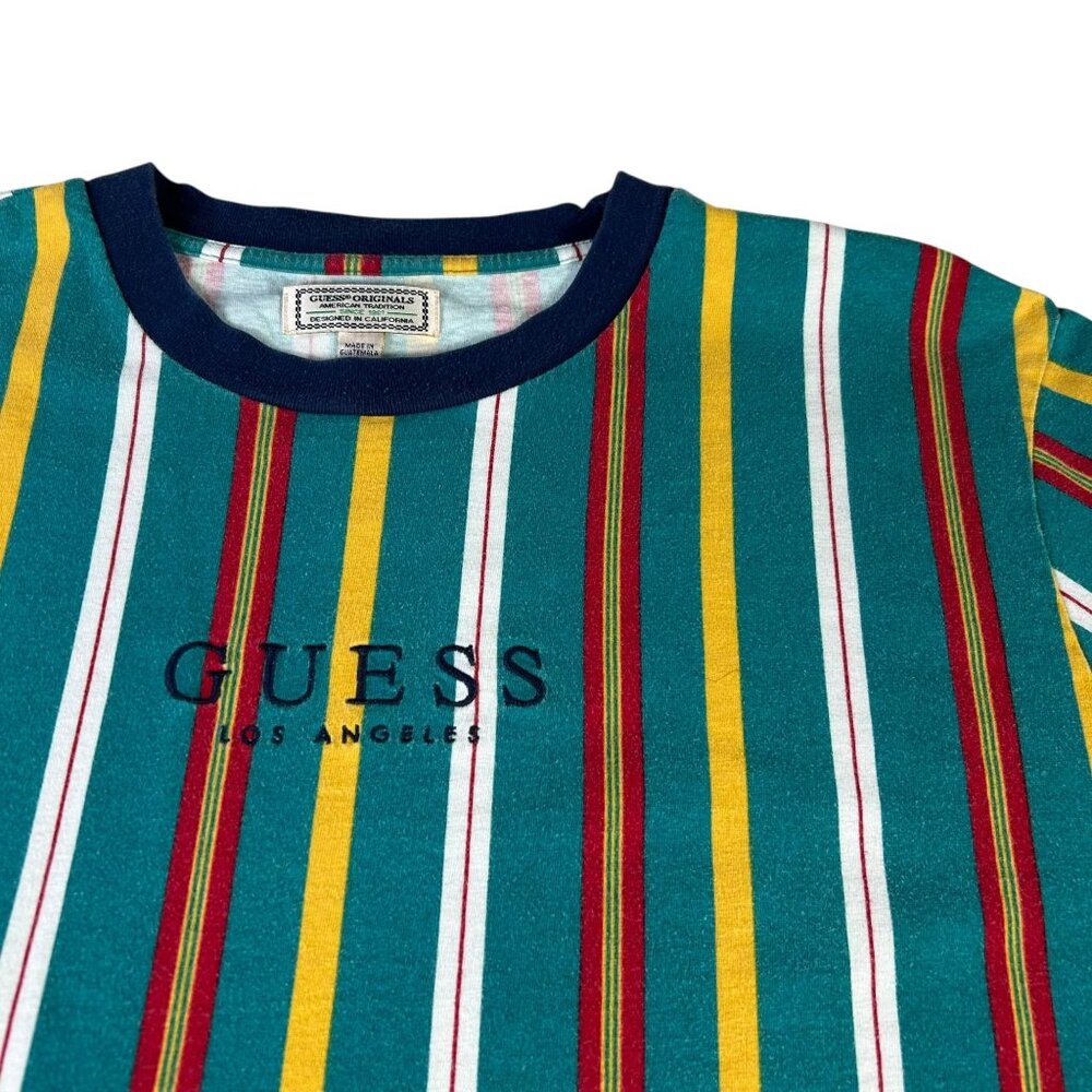 VTG Guess Originals Y2K Guess Los Angeles Shirt Mens L Striped Green Navy Collar